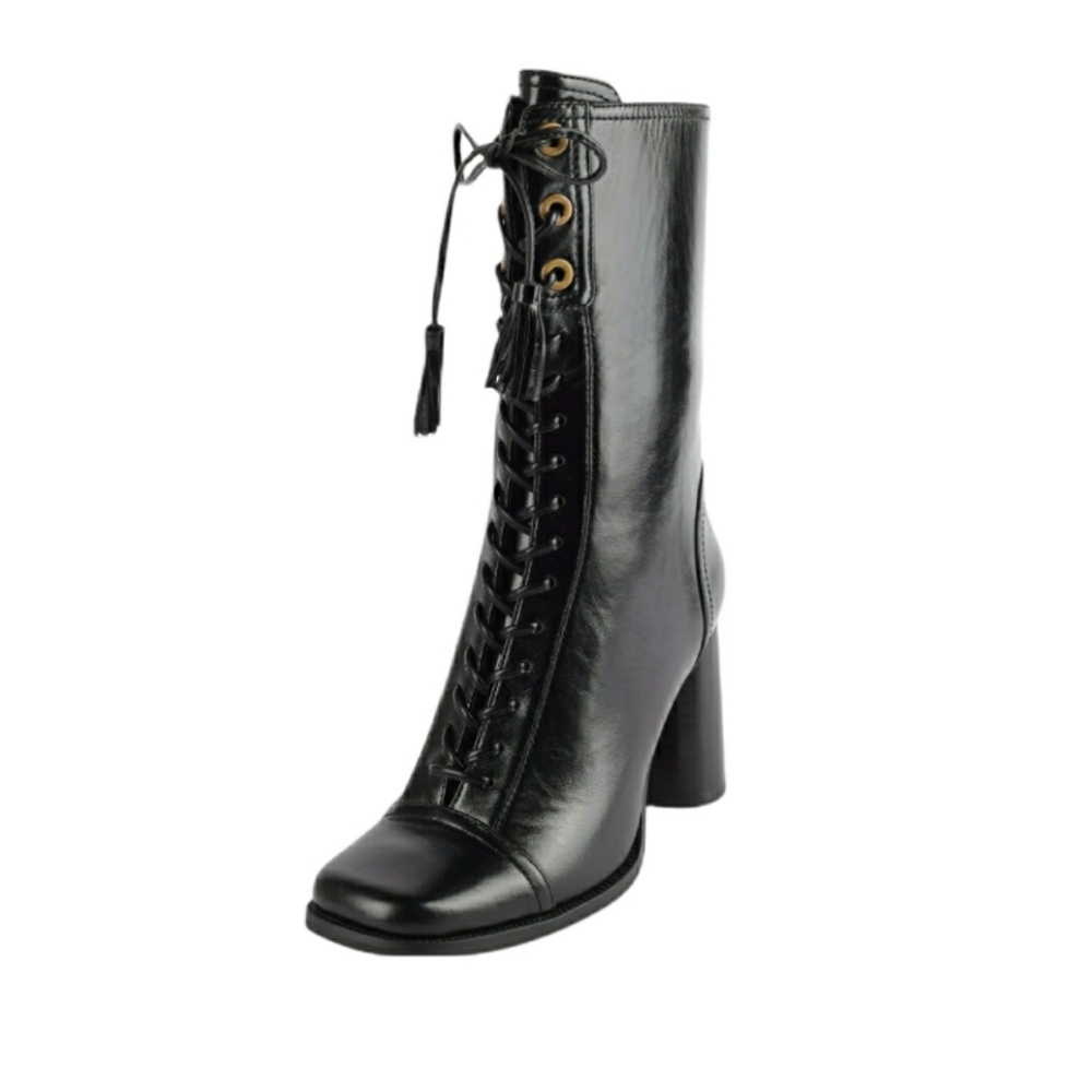 Jeffrey Campbell Hunt Lace Up Heel Leather Mid Boots Black SZ 8